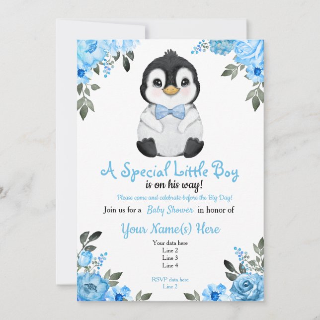 Bébé bleu Penguin Douche invitation Invitation (Devant)