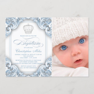 Bébé Bleu Prince Couronne Baptême Invitations