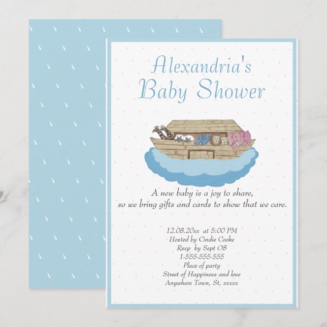 Bébé Boy Noah's Ark Blue Baby shower Invitation (Devant / Derrière)