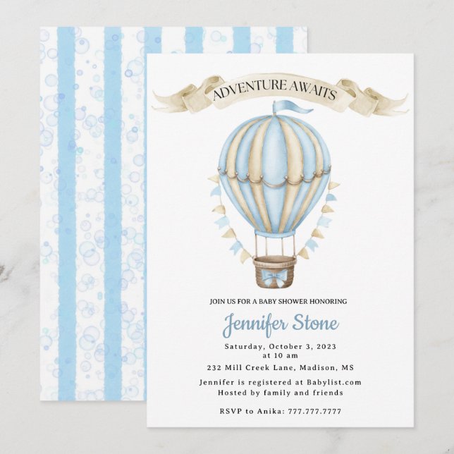 Bébé Boy Shower Invitation - Hot Air Balloon (Devant / Derrière)