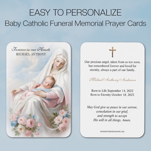 Bébé catholique funéraire carte sainte - (Traditional Catholic Baby Funeral Memorial Prayer Card with Blessed Virgin Mary and Baby )