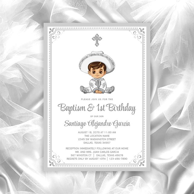 Bébé d'argent Charro Baptême & Invitation d'annive (Charro baby baptism invitation. All text can be changed, move/remove baby and cross as needed.)