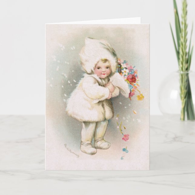 Bébé de neige d'hiver et carte de voeux antiques (Devant)
