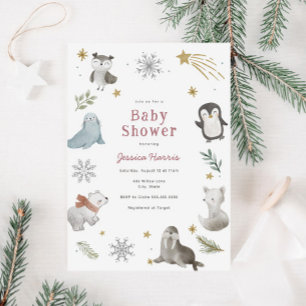 Bébé d'hiver Animaux bébé Fille Douche Invitation