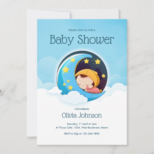 Bébé dormant dans la lune | Invitation Baby shower (Devant)
