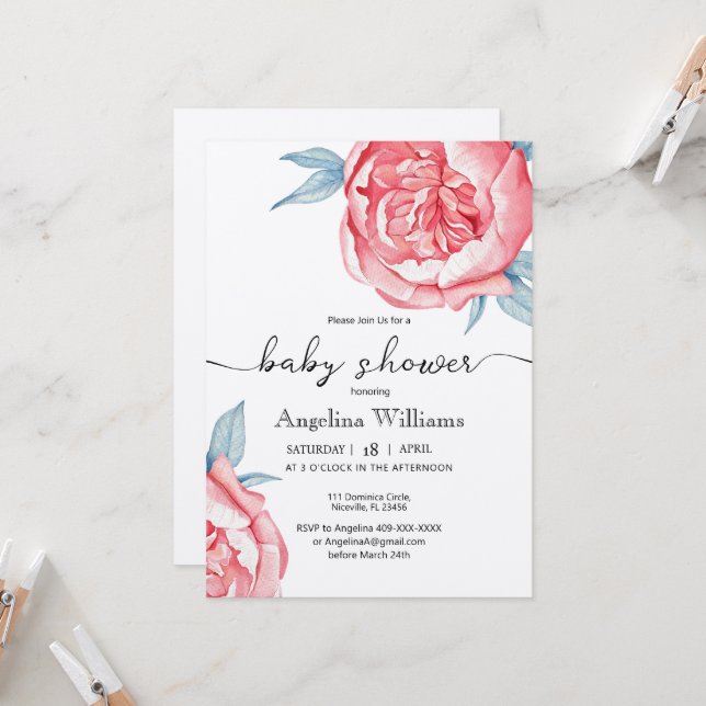 Bébé douche Invitations Fleurs (Devant/Arrière en situation)