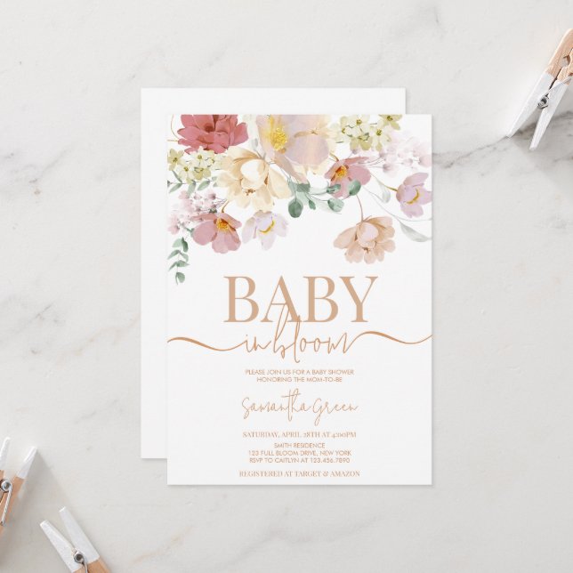 Bébé en fleur Baby shower Invitation (Devant/Arrière en situation)