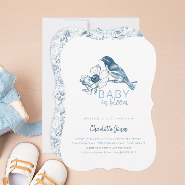 Bébé en Fleur bleu Baby shower Floral Invitation (Baby in Bloom Chinoiserie Baby Shower Invitation)