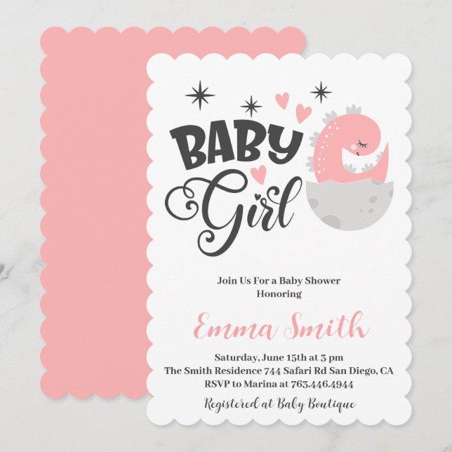 Bébé fille Dinosaur Baby shower Invitation (Devant / Derrière)