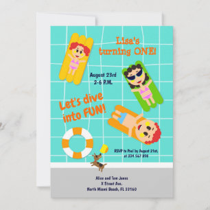 Bébé fille premier anniversaire piscine invitation