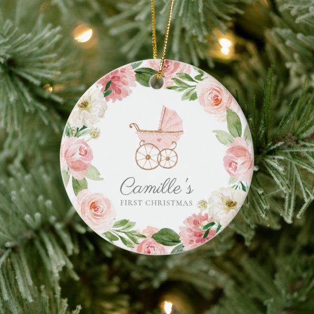 Bébé Fille rose Floral premier ornement de Noël (Arbre)