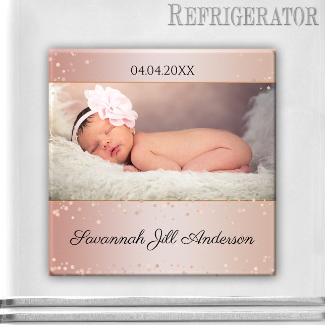 Bébé fille Rose Gold Sparkling Photo Magnet (Baby girl personalized photo magnet with a chic pink and rose gold sparkly design)