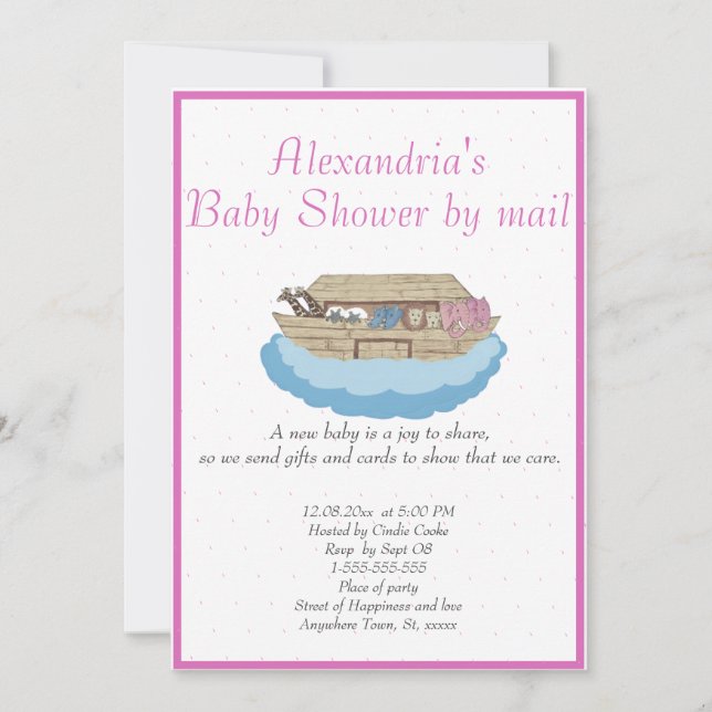 Bébé fille rose Noah's Ark Baby shower Invitation (Devant)