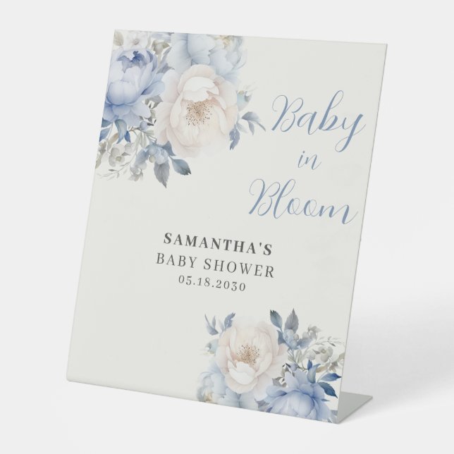 Bébé Floral Bleu En Fleur Douche Cachet Panneau (Recto)