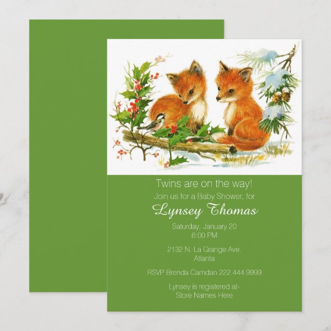 Bébé Foxes Twins Baby shower Invitation (Devant / Derrière)