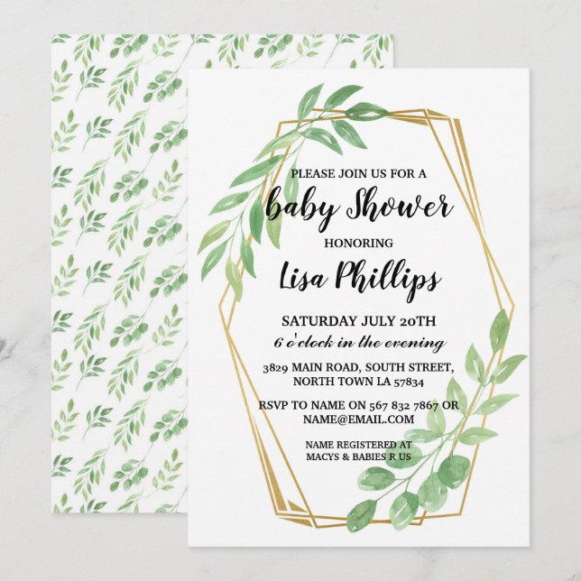 Bébé Invitation Douche été Gold Feuilles Party (Devant / Derrière)