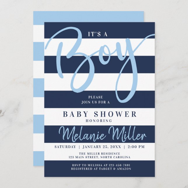 Bébé Invitations de douche, Bleu de marine (Devant / Derrière)