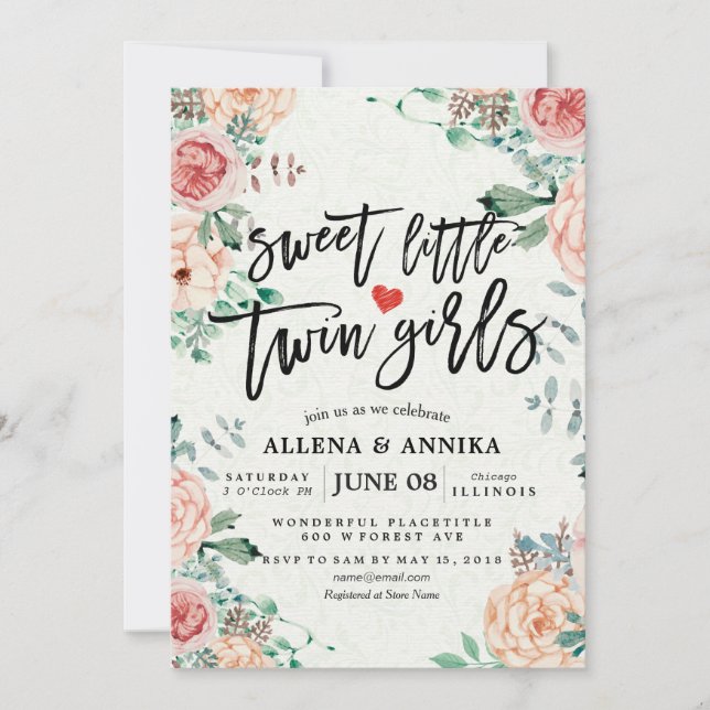 Bébé Invitations Douche Sweet Little Twin Girls (Devant)