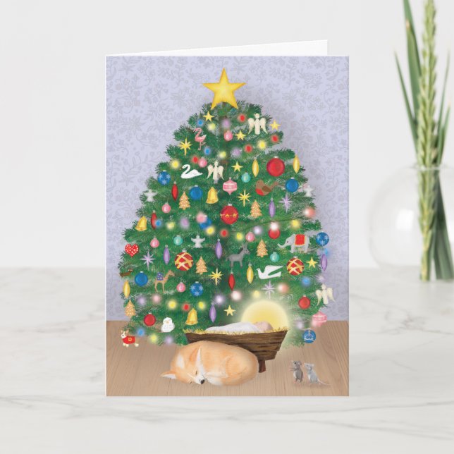 Bébé Jésus avec corgi et carte d'arbre de Noël (Devant)