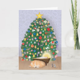 Bébé Jésus avec corgi et carte d'arbre de Noël