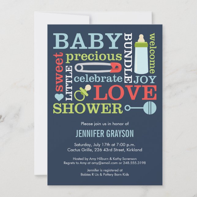 Bébé Jumble Baby shower invitation dans Navy (Devant)