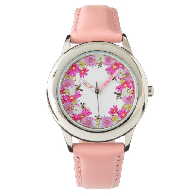 Bébé Meerkats Et Fleurs, Fille Montre En Cuir Rose (devant)