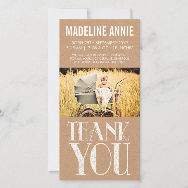 Bébé Merci de naissance Carte photo Rustic Burlap (Devant)