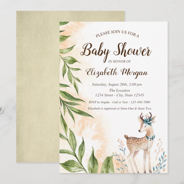 Bébé mignon cerf Feuilles Baby shower Invitation (Devant / Derrière)