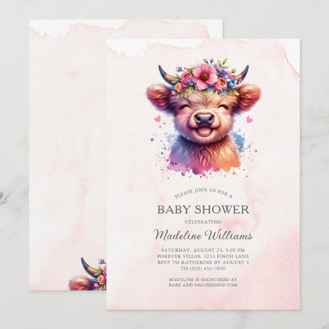 Bébé mignon Highland Cow Baby shower Invitation (Devant / Derrière)