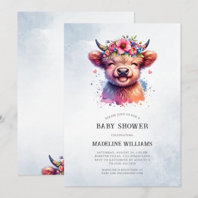 Bébé mignon Highland Cow Baby shower Invitation (Devant / Derrière)