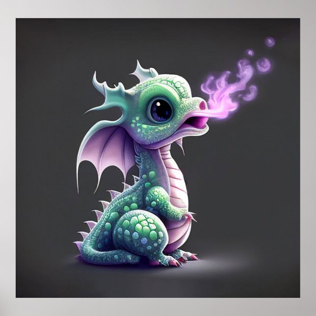 Bébé mignon poster du dragon respirant le feu (Devant)
