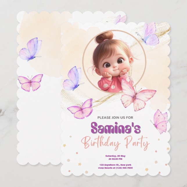 Bébé mignonne Fille Anniversaire Invitation avec r (Devant / Derrière)