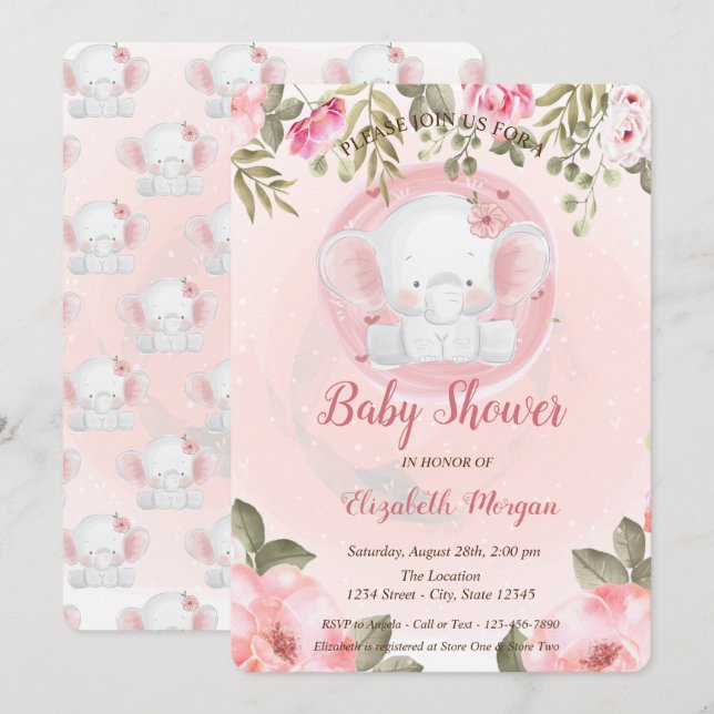 Bébé mou Eléphant Floral Baby shower Invitation (Devant / Derrière)