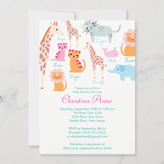 Bébé mou Safari Animaux Bébé Douche Invitations (Devant)
