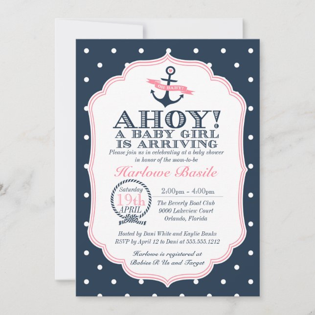 Bébé Nautique fille Douche Invitation polkadot (Devant)