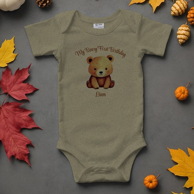 Bébé ours 1er anniversaire mignonne aquarelle (Adorable personalized baby bear bodysuit for that Beary First Birthday! Cute trendy Teddy watercolor)