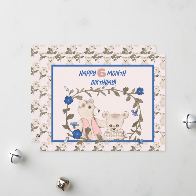 Bébé ours demi-année Carte d'anniversaire fille (Devant/Arrière en situation)