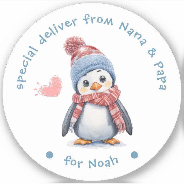 Bébé Penguin blanc Étiquette de Noël pour enfants  (Devant)