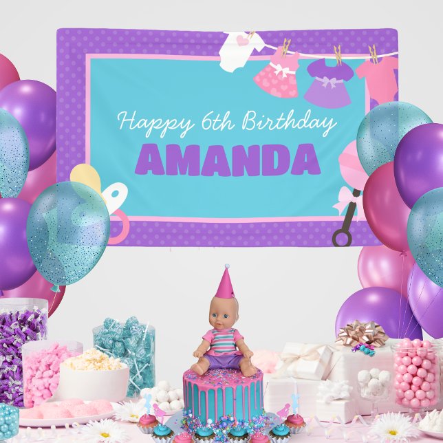 Bébé Poupée Anniversaire de pendaison bannière (Baby Doll Birthday Personalized Hanging Vinyl Birthday Banner. Available in indoor or outdoor style)