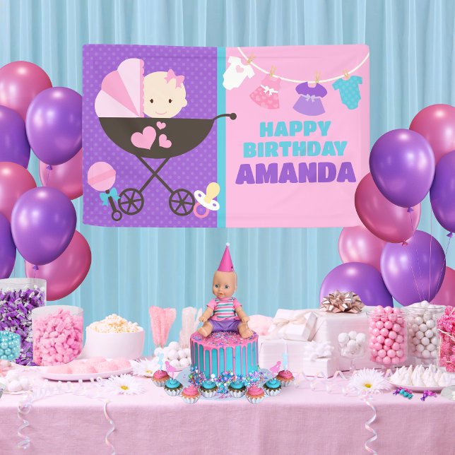 Bébé poupée joyeuse bannière d'anniversaire (Purple Baby Doll Birthday Personalized Hanging Vinyl Birthday Banner. Indoor or outdoor available)