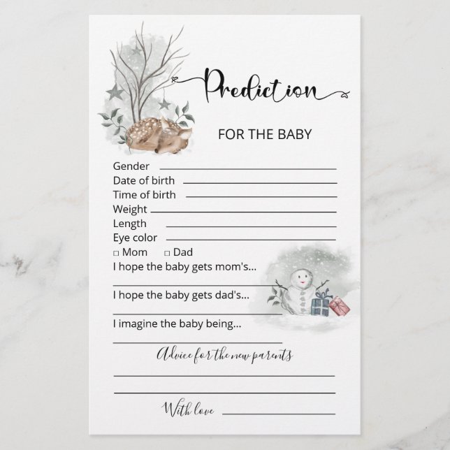 Bébé prédictions carte conseil baby shower d'hiver (Devant)