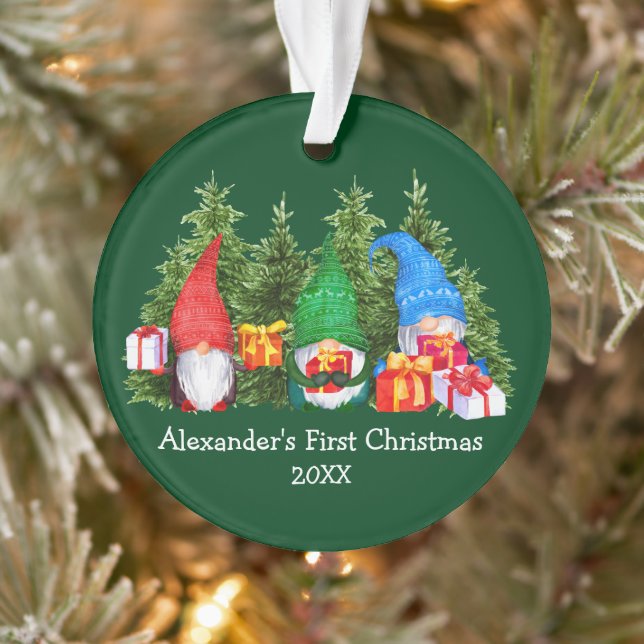 Bébé Premier Noël Aquarelle Gnomes Vert (Arbre)