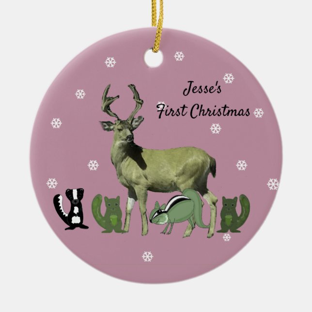 Bébé Premier Noël Forêt rose Animaux Ornement (Devant)