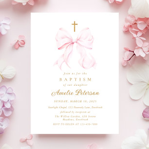 Bébé Rose Bow Girl Baptism Invitation