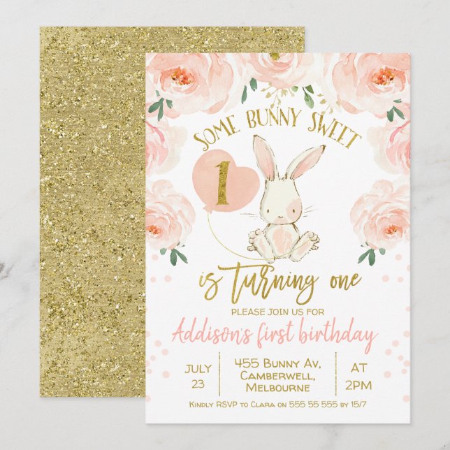 Bébé rose doré floral 1er anniversaire Invitation (Devant / Derrière)