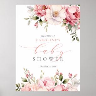 Bébé rose En Fleur Fille Baby shower Affiche de bi