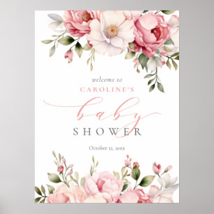 Bébé rose En Fleur Fille Baby shower Affiche de bi