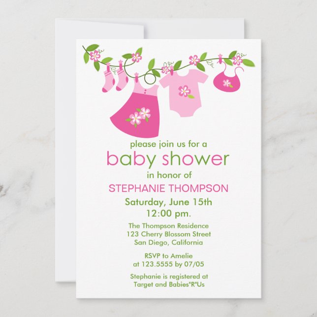 Bébé rose, fil à linge Invitations de douche pour  (Devant)