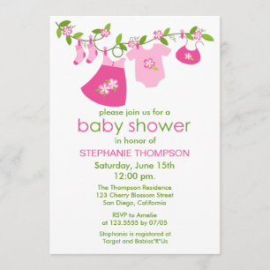 Bébé rose, fil à linge Invitations de douche pour 