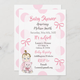 Bébé rose fille avec Teddy Bear Shower Invitation